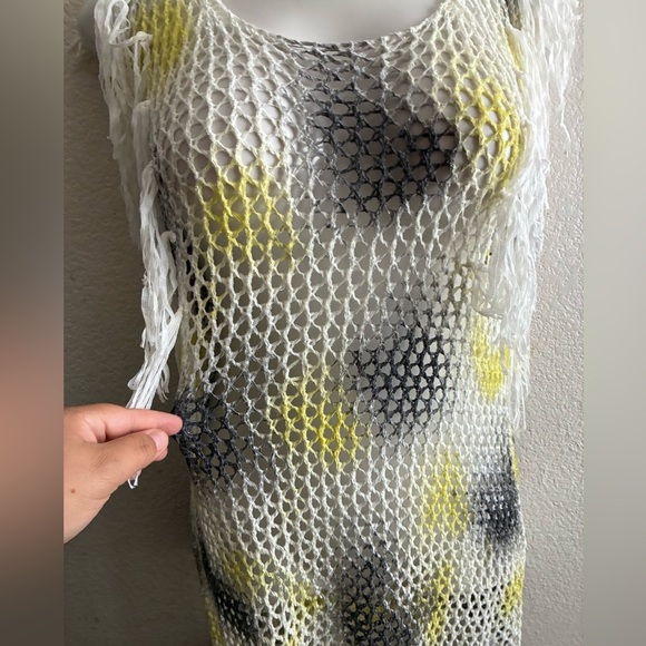 Beach Pool Coverup White Yellow & Black Mesh Sleeveless With Tassels - Picture 4 of 9